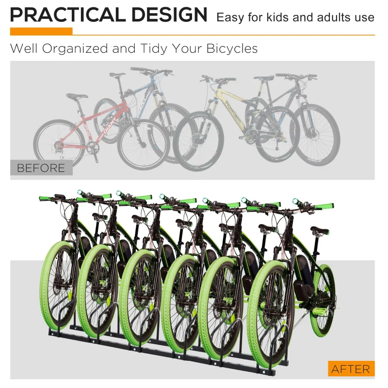 HOMCOM Bike Stand Parking Rack - Floor or Wall Mount Bicycle Cycle Storage Locking Stand, 179L x 33W x 27H, 6 Racks, Black