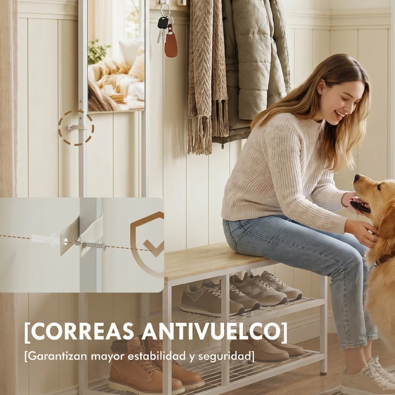 HOMCOM Perchero Zapatero con Espejo y 8 Ganchos Banco Zapatero Marco Metálico para Entrada Natural