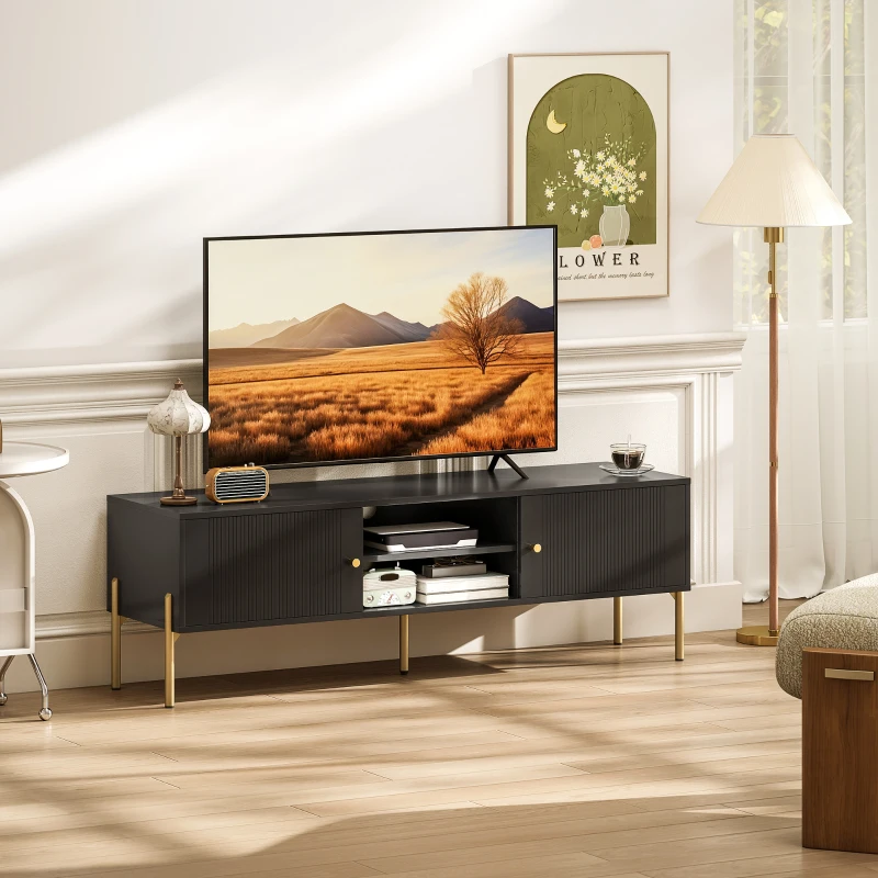 HOMCOM Meuble TV pour Télévision jusqu'à 65", Portes Cannelées, Compartiments Ouverts, Pieds Acier, 140 x 38 x 45,9 cm, Noir