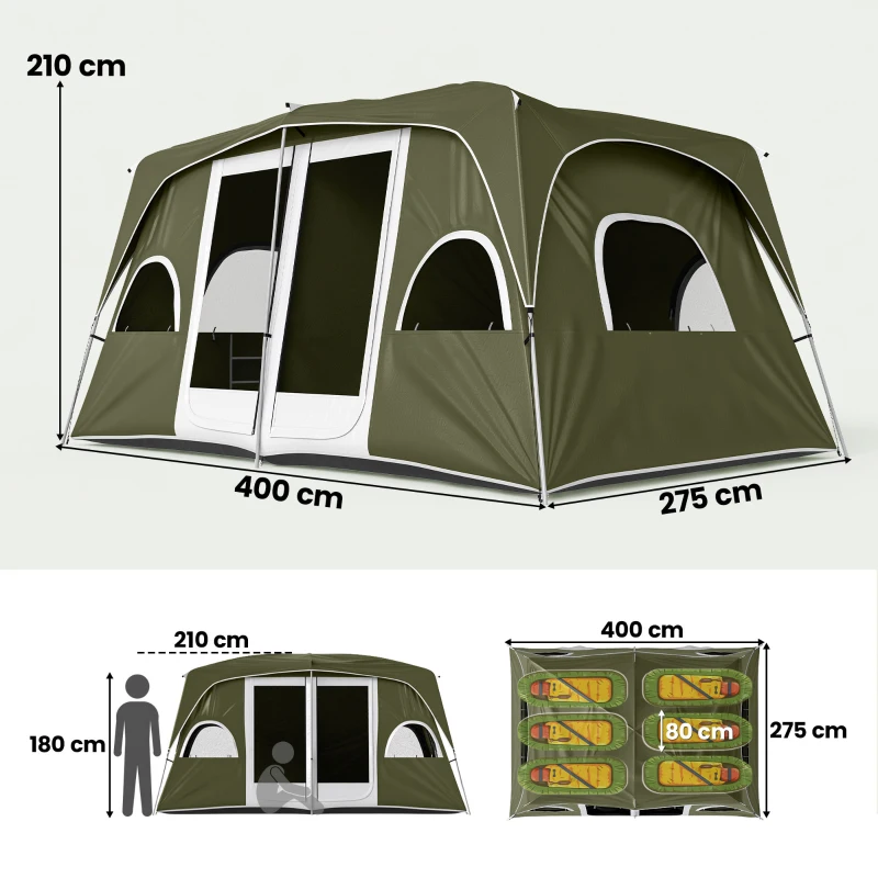 Outsunny Camping Tent, Family Tent 4-8 Person 2 Room, with Large Mesh Windows, Easy Set Up for Backpacking Hiking Outdoor, Green