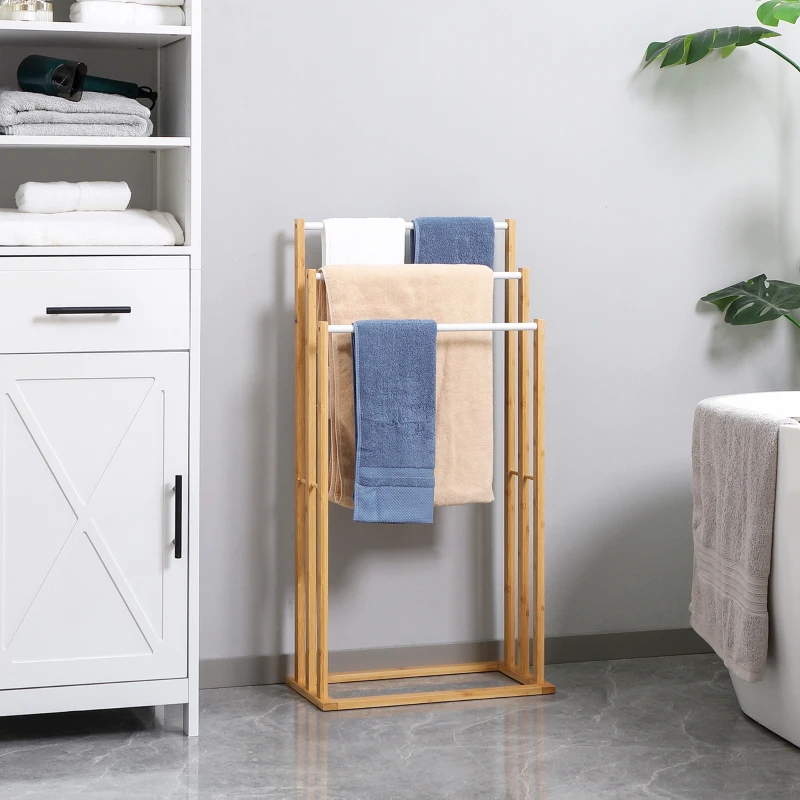HOMCOM Handtuschständer aus Bambus. 3-teiliges Design, 3 Handtuchstangen 48 cm x 25,8 cm x 94 cm, Natur + Weiß