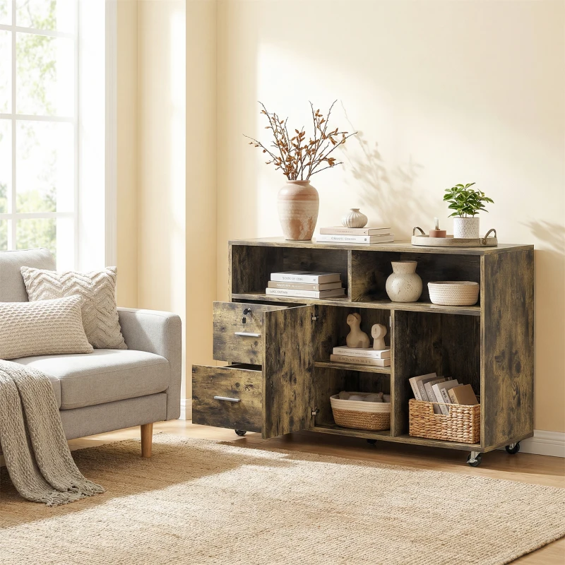HOMCOM Dulap pentru Imprimantă pe Roți cu 2 Sertare cu Încuietoare, 3 Rafturi și Dulap, Dulap pentru Documente de Birou și Studio, 100x35x65 cm, Maro Rustic