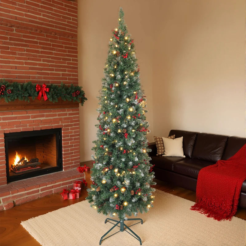 HOMCOM Brad de Crăciun Iluminat cu 200 de Lumini LED, 42 Conuri și 42 Ciorchini de Fructe de Pădure, Ø65x180 cm, Verde și Argintiu