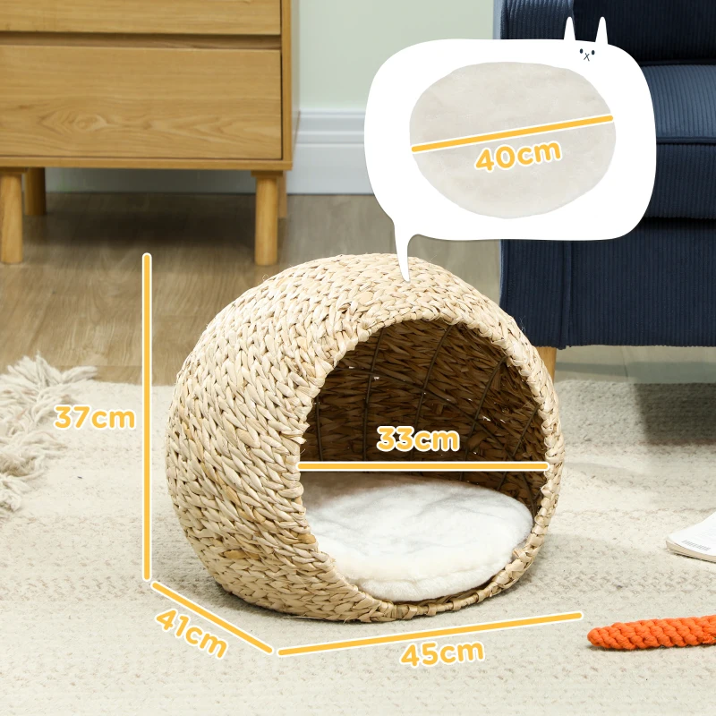 PawHut Cama para Gato Casa para Gatos Almofada Macia Interior Espaçoso em Junco 45x41x37 cm Castanho