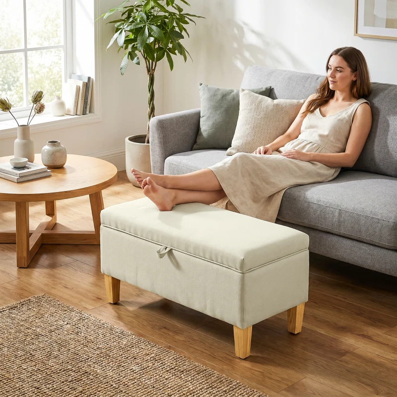 HOMCOM Banc de rangement, bout de lit, repose-pieds rembourré en lin avec pieds en bois de caoutchouc, 71x37x36cm, beige
