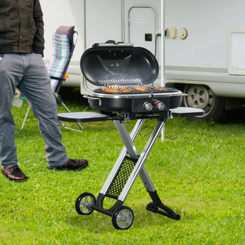 Outsunny Grillwagen, klappbar, Ablage, Fettauffang, rostfrei, Aluminium, 100 x 41,6 x 82,5 cm, Schwarz/Silber