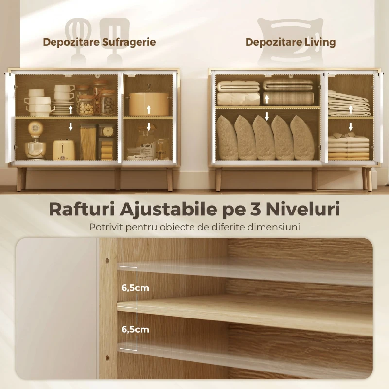 HOMCOM Bufet Modern cu 3 Uși și Raft Reglabil, 107x35x77 cm, Alb Lucios și Stejar