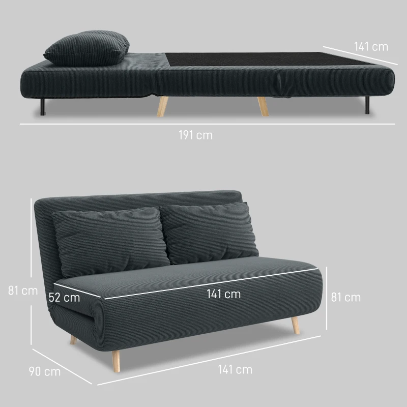 HOMCOM Sofá-cama, cama para hóspedes, encosto reclinável em 3 posições, cotelê, até 120 kg, 141 x 90 x 81 cm, Cinza escuro