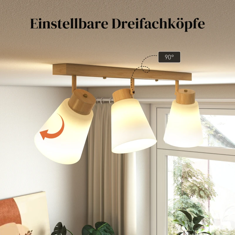 HOMCOM Deckenleuchte LED 40W Deckenlampe mit Doppelmontage und 90° verstellbaren Köpfen mit 3 E27-Fassungen Naturholz