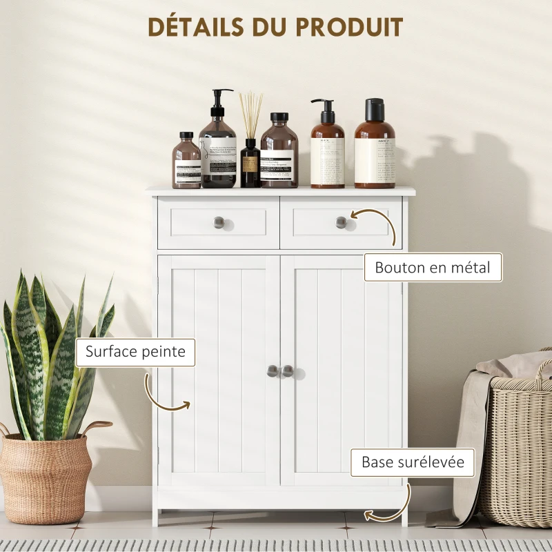 kleankin Meuble de salle de bain meuble de rangement 2 tiroirs placard double porte et étagère réglable 60 x 30 x 75 cm blanc