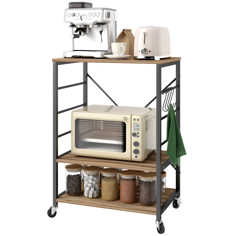 HOMCOM Scaffale da Cucina a 3 Livelli Stile Industriale con Ruote e 4 Ganci, Struttura in Acciaio, 60x40x84 cm, Teak