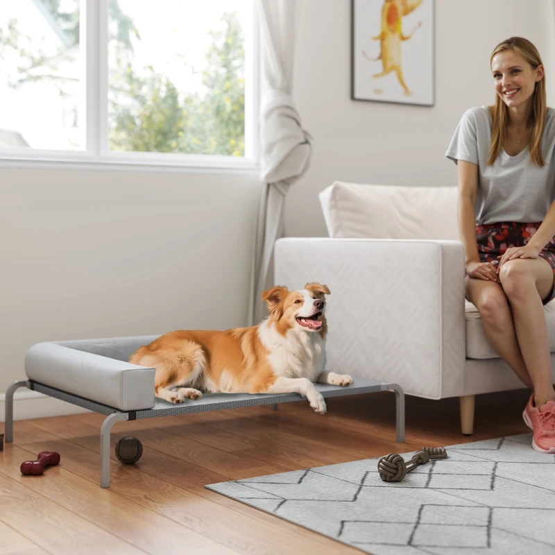 PawHut Cama para Cães ao Ar Livre Cama Elevada para Cães de Porte Médio com Almofada em L 110x75x30 cm Cinza claro
