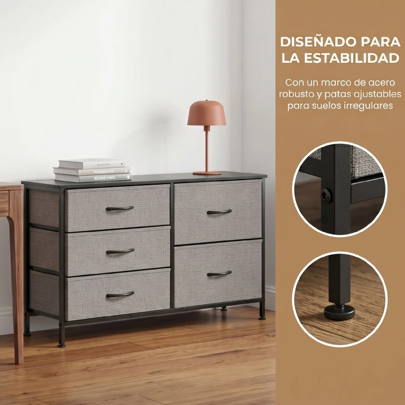 HOMCOM Cómoda con 5 Cajones de Tela Cómoda para Dormitorio Marco de Acero Cajonera para Salón Oficina Gris Oscuro y Negro