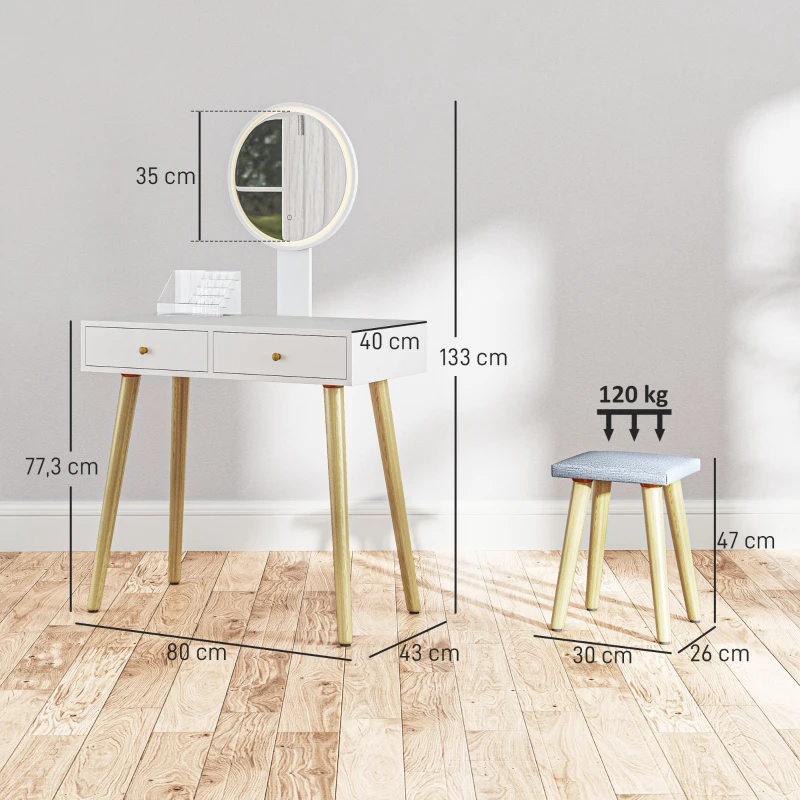 HOMCOM Coiffeuse avec miroir LED à luminosité et 3 couleurs réglable, tabouret rembourré, 2 tiroirs et organisateur, blanc