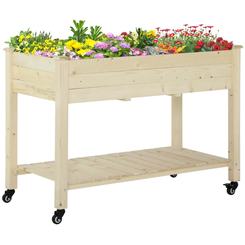 Outsunny Pat de grădină înălțat din lemn cu roți și raft inferior, 118x55x83cm, lemn natural