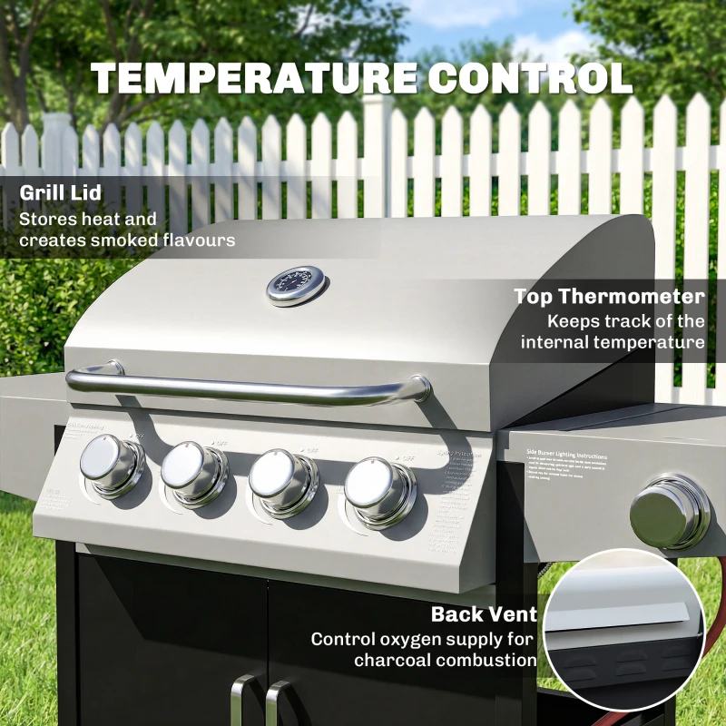 Outsunny 4+1 Burner Gas BBQ Grill with Side Burner, 14.5 kW Steel Portable Gas Barbecue Grill with Built-in Thermometer, Lid