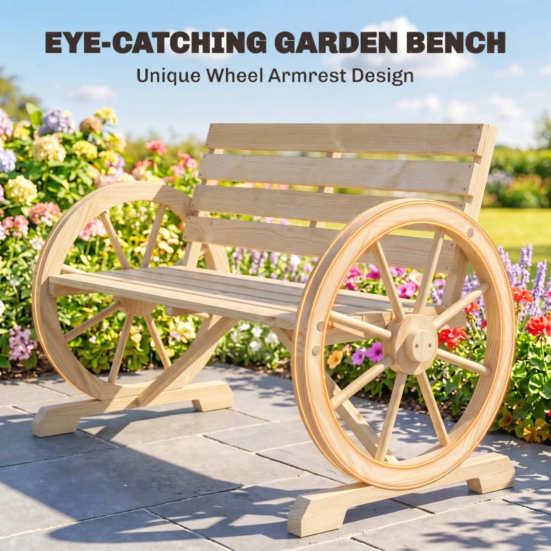 Outsunny Wagon Wheel Chair Bench Armrest Rustic Loveseat Wood Outdoor Garden, Natural