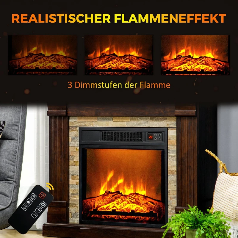 HOMCOM Elektrokamin 1800W elektrischer Kamin mit Heizung, Fernbedienung, Überhitzungsschutz, Dekokamin  Dunkelbraun