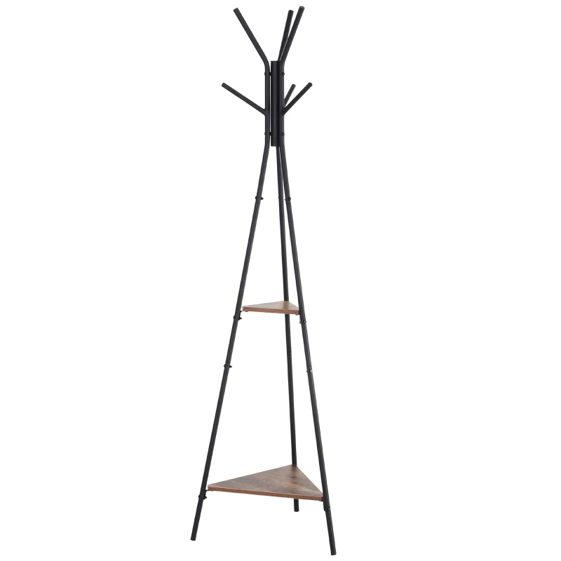 HOMCOM Porte-manteau trépied style industriel branches 2 étagères + 6 patères dim. 52L x 46l x 182H cm métal noir