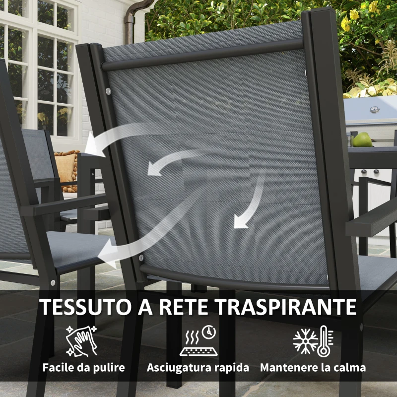 Outsunny Set da Giardino con 6 Sedie Impilabili e Tavolo da Pranzo Rettangolare, Grigio Chiaro