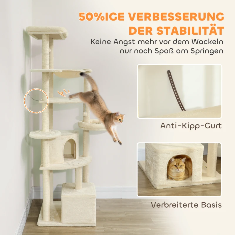PawHut Arranhador Grande de 2 Metros para 2-3 Gatos, Postes para Arranhar, Tocas, Rede, Esconderijos, Design Multinível, Sisal, Madeira, Pelúcia, Bege