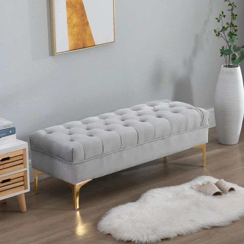 HOMCOM Banc banquette capitonnée bout de lit style classique chic dim. 118L x 45l x 42H cm piètement métal doré velours gris clair