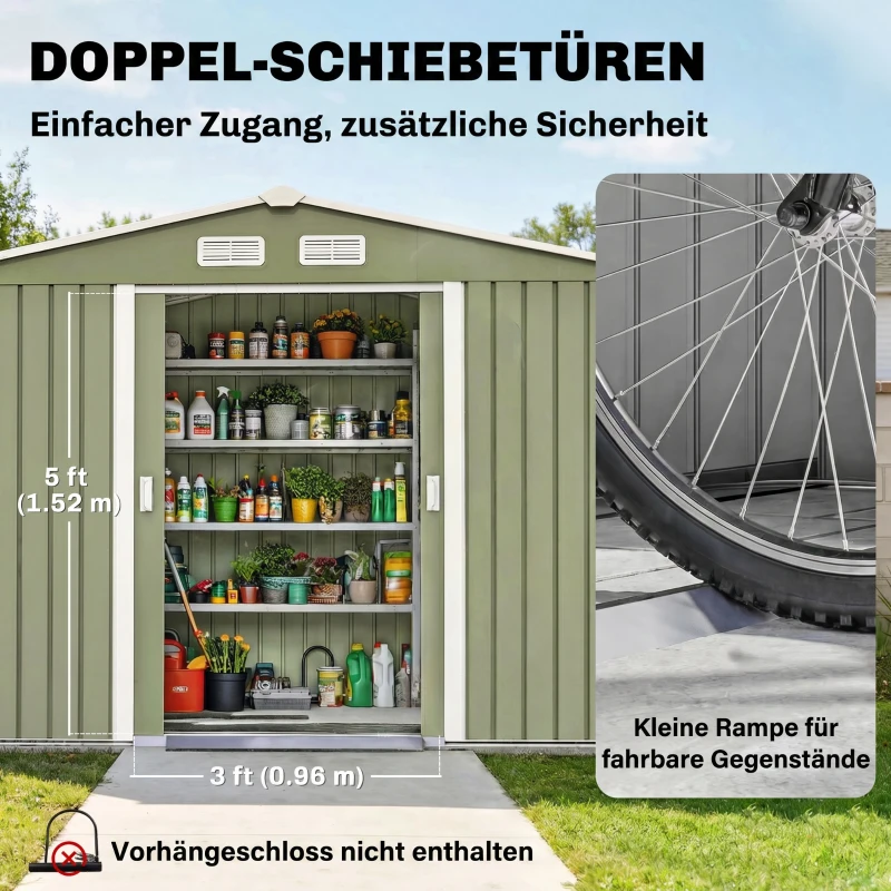 Outsunny Geräteschuppen mit Schiebetüren 2,77 x 1,95 x 1,92cm Metall Hellgrün