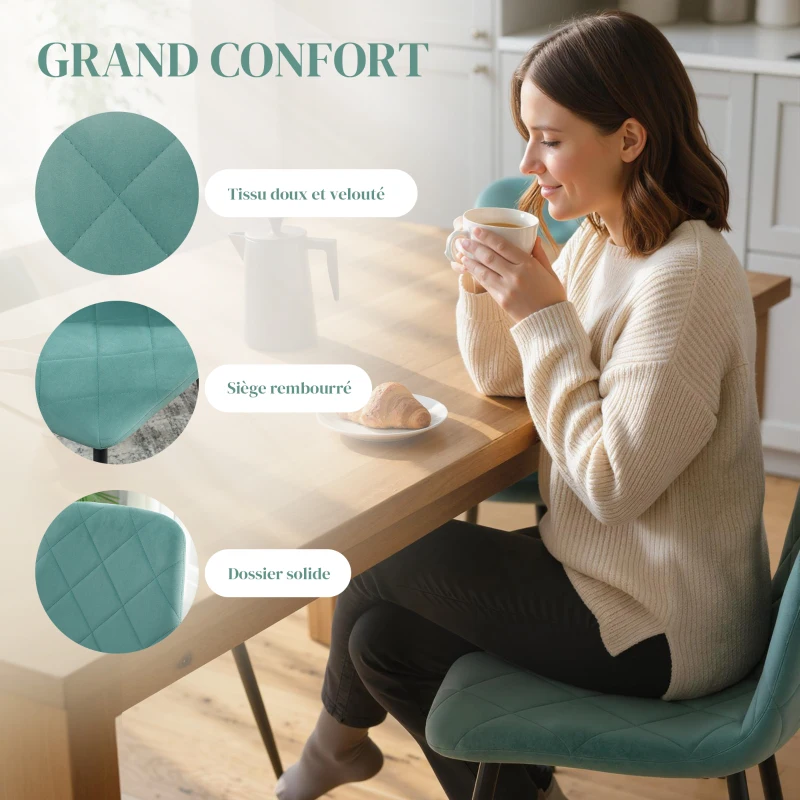 HOMCOM Lot de 4 chaises de salle à manger rembourrées avec dossier haut, pieds en acier et tissu effet velours, vert
