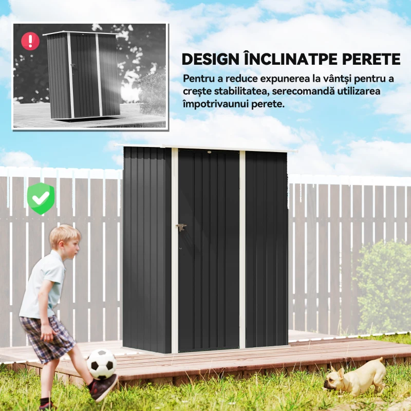 Outsunny Magazie pentru Unelte din Metal cu Acoperiș Înclinat și Ușă Blocabilă, 142x86x189 cm, Gri Închis