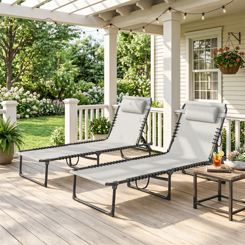 Outsunny Lot de 2 bain de soleil transat pliable dossier inclinable multi-positions acier lacets élastiques textilène crème
