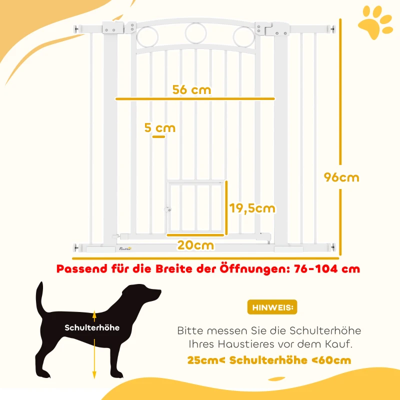 PawHut Portão para Animais Grade para Escadas 96 cm Largura Ajustável 76-104 cm com Portinha para Gatos para Escadas e Vãos de Porta Branco