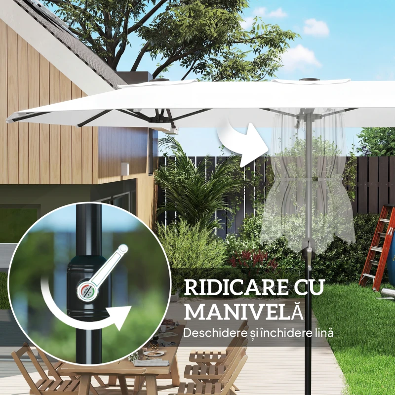 Outsunny Umbrelă Dublă cu 12 Spițe, cu Manivelă, din Metal și Poliester, 4,6x2,7 m, Alb