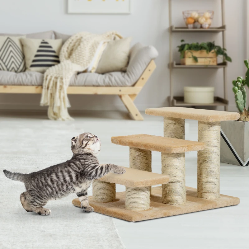 PawHut Escada para Animais 3 Degraus 34 cm de Altura Escada Dobrável para Gatos e Cães Rampa de Acesso para Cama e Sofá Creme