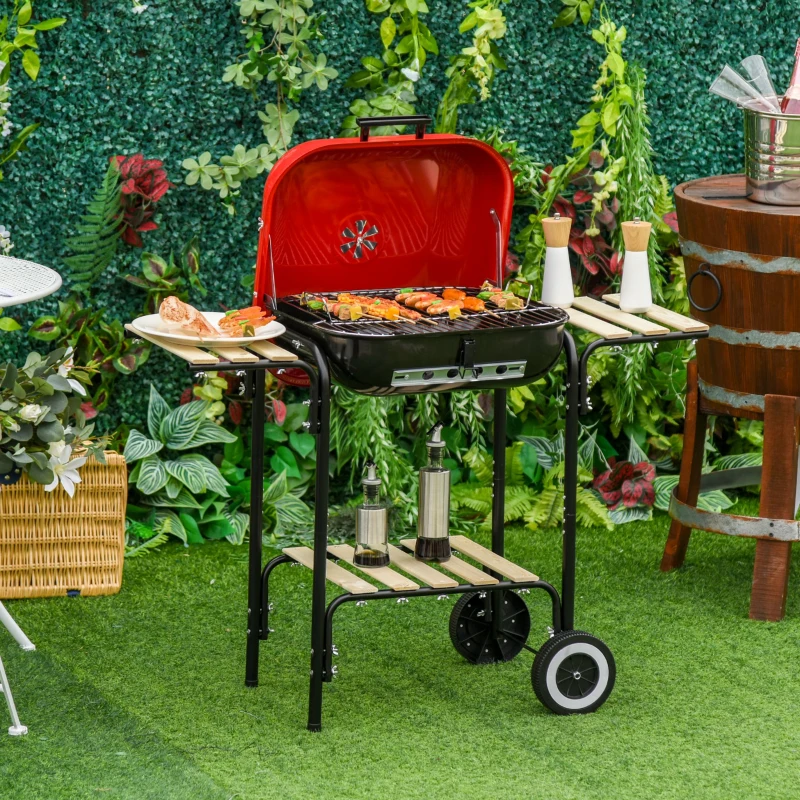 Outsunny Kohlegrill Grillwagen Grillstation Standgrill mit Windschutz 3 x Ablagefach Metall Rot 98 x 49 x 81 cm