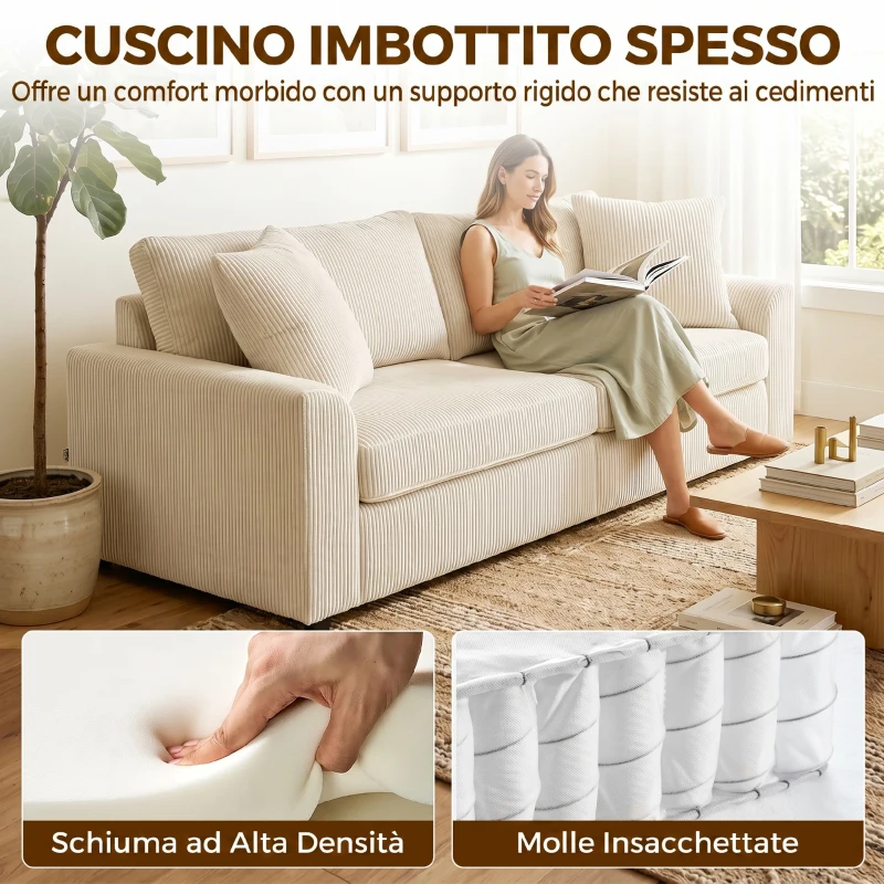 HOMCOM Divano 3 Posti in Velluto a Coste con Molle Insacchettate e 2 Cuscini, 212x80x88 cm, Bianco Crema
