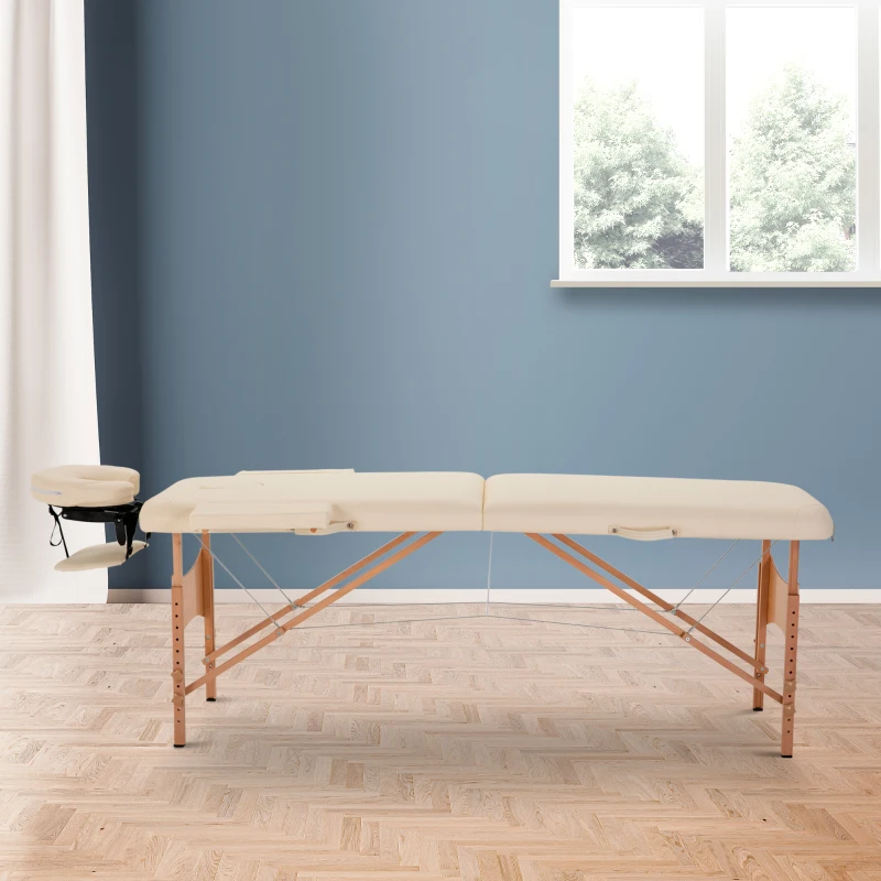 HOMCOM Massagetisch, klappbare Massageliege, höhenverstellbare Massagebank für Spa, Salon, Kunstleder, Holz, Cremeweiß(m-2)