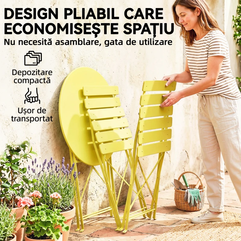 Outsunny Set Bistro Pliabil, 3 Piese, Metalic, Galben