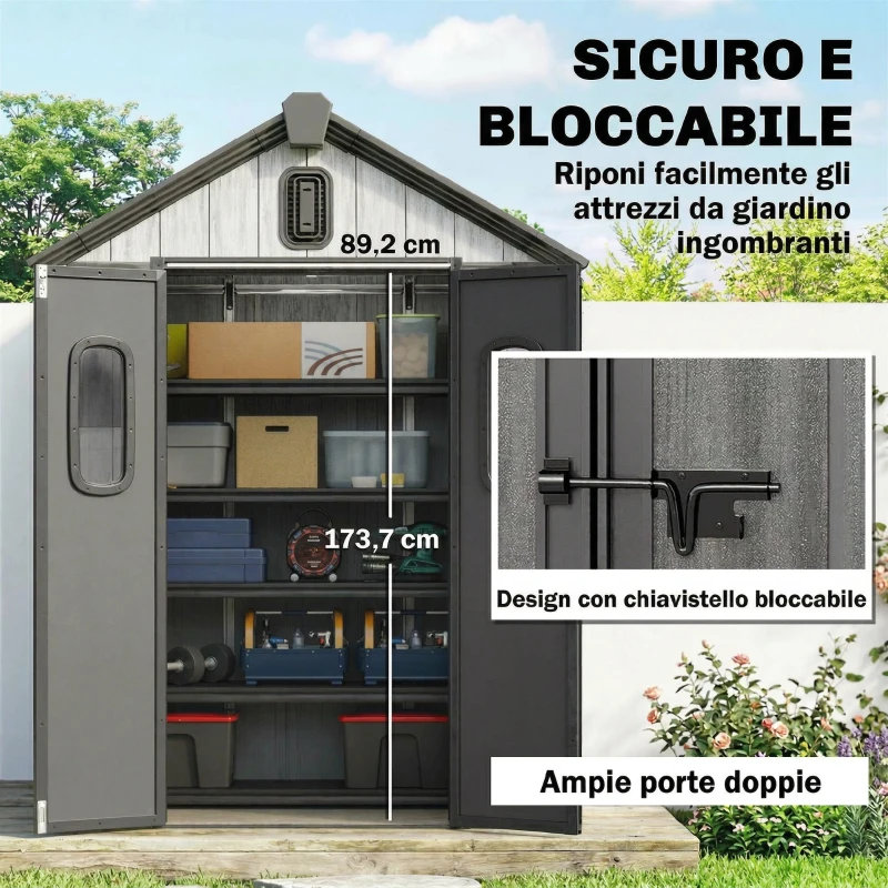 Outsunny Capanno Giardino 160L x 98P x 217A cm, Plastica, Doppie Porte Bloccabili, Grigio