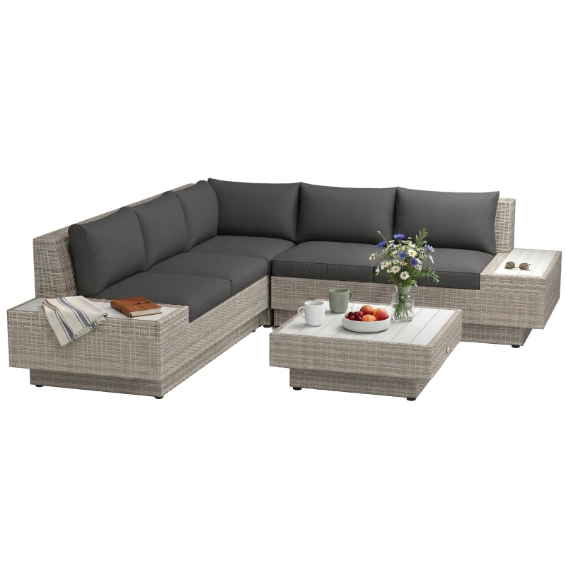 Outsunny 4 PCs Rattan Garden Furniture Outdoor Sectional Corner Sofa and Coffee Table Set - Conservatory Wicker Weave Furniture with Armrest and Cushions, Light Grey