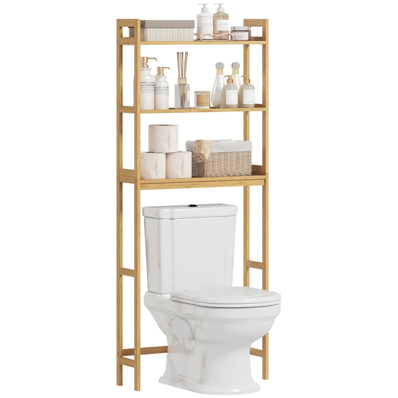 kleankin Meuble étagères de rangement dessus toilette WC en bambou 3 étagères pour salle de bain 68 x 20 x 165 cm naturel