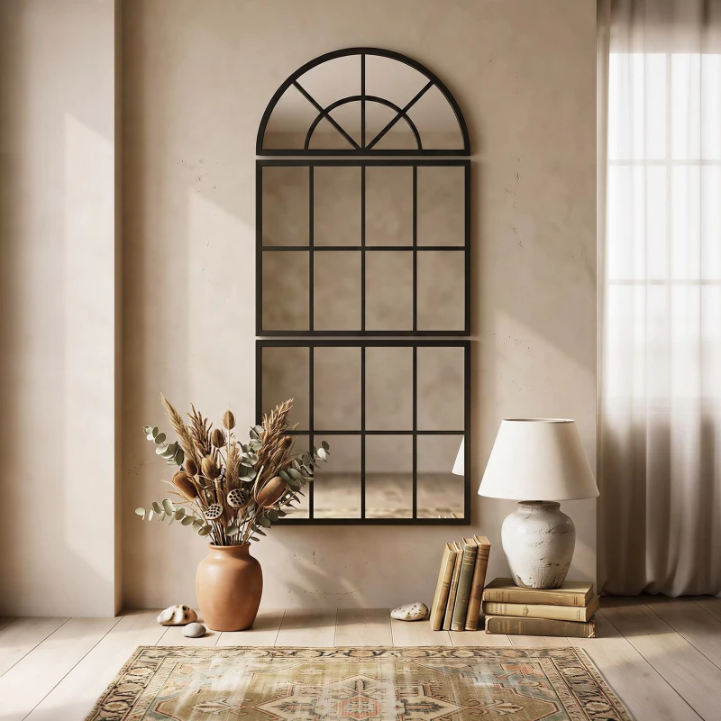HOMCOM Large Arched Wall Mirror with Metal Grid, 3-Piece Split Window Mirrors, 120 x 54 cm, Black