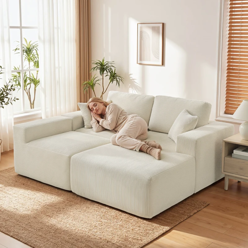 HOMCOM Sofá de Canto Modular 2 em 1 267 cm Sofá-cama 3 Lugares em Veludo Cotelê Assentos e Apoios de Braço Largos Creme