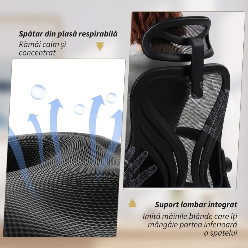 HOMCOM Scaun de Birou Ergonomic cu Brațe Rabatabile, Suport Lombar și Tetieră Reglabilă, Negru