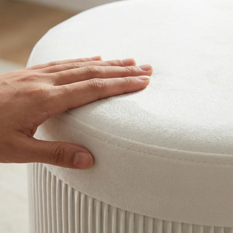 HOMCOM Puff Almacenaje Banco Almacenaje Plegable 35 L 38x38x38 cm Tapizado en Terciopelo Baúl de Almacenamiento Redondo Crema