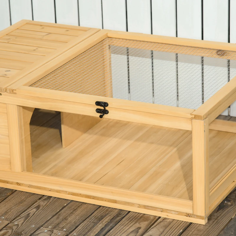 PawHut Terrarium dla żółwia drewniany domek żółwiarnia wybieg dla gadów dwustrefowy otwierany daszek 91x60,5x32 cm żółty