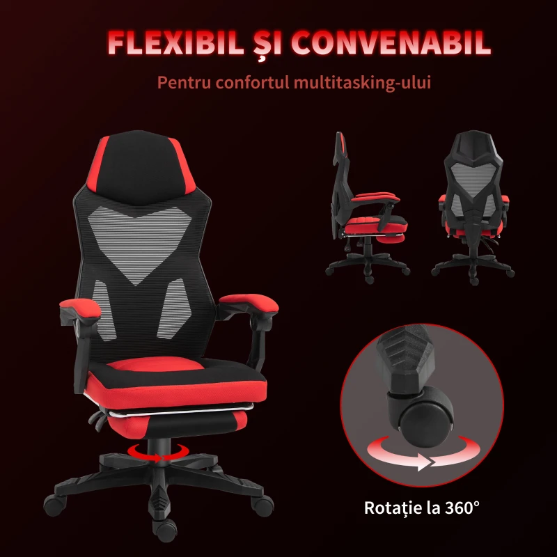 Scaun de Birou Ergonomic și Reclinabil Vinsetto cu Suport pentru Picioare, din Material Textil Respirabil, 58x63x112-122 cm, Negru și Roșu