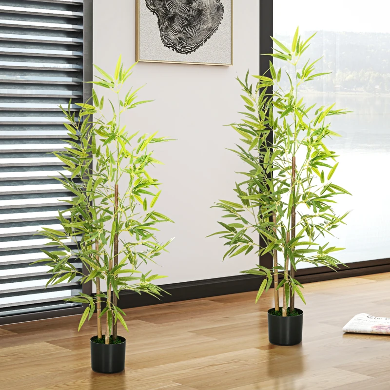 HOMCOM Set 2 Piante di Bambù Finte da 120 cm con Vaso Ø15x12cm, in PEVA, PP e Metallo, Verde e Nero