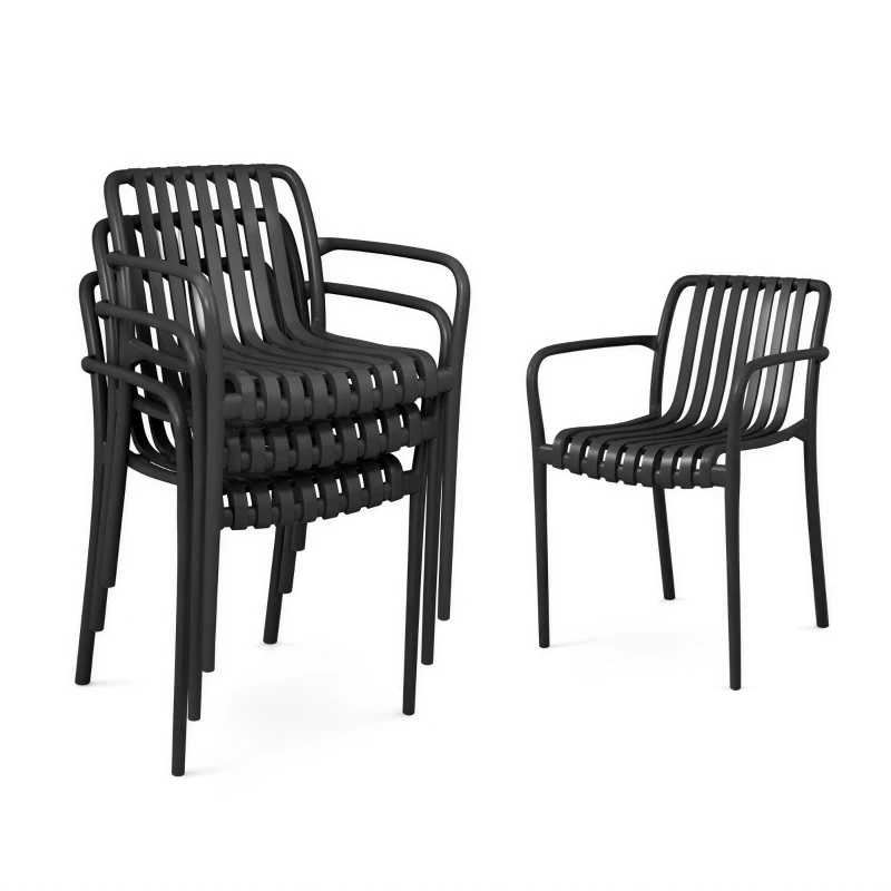 Outsunny Lot de 4 Chaises de Jardin Empilables avec Dossier Incurvé et Accoudoirs, pour Piscine Terrasse, 55x58,5x81,5cm, Noir