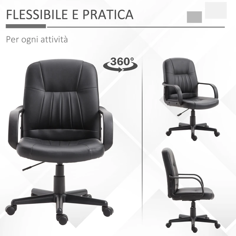 Vinsetto Sedia da Ufficio Ergonomica e Girevole, Poltrona da Ufficio con Altezza Regolabile in Finta pelle 60x60x94-103cm Nero