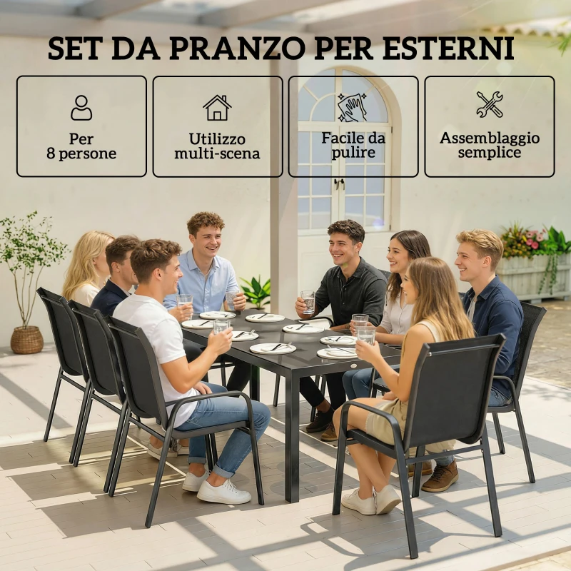 Outsunny Set da Esterno 9pz con 8 Sedie Impilabili in Texteline e Tavolino da Caffè con Piano in Vetro, Nero